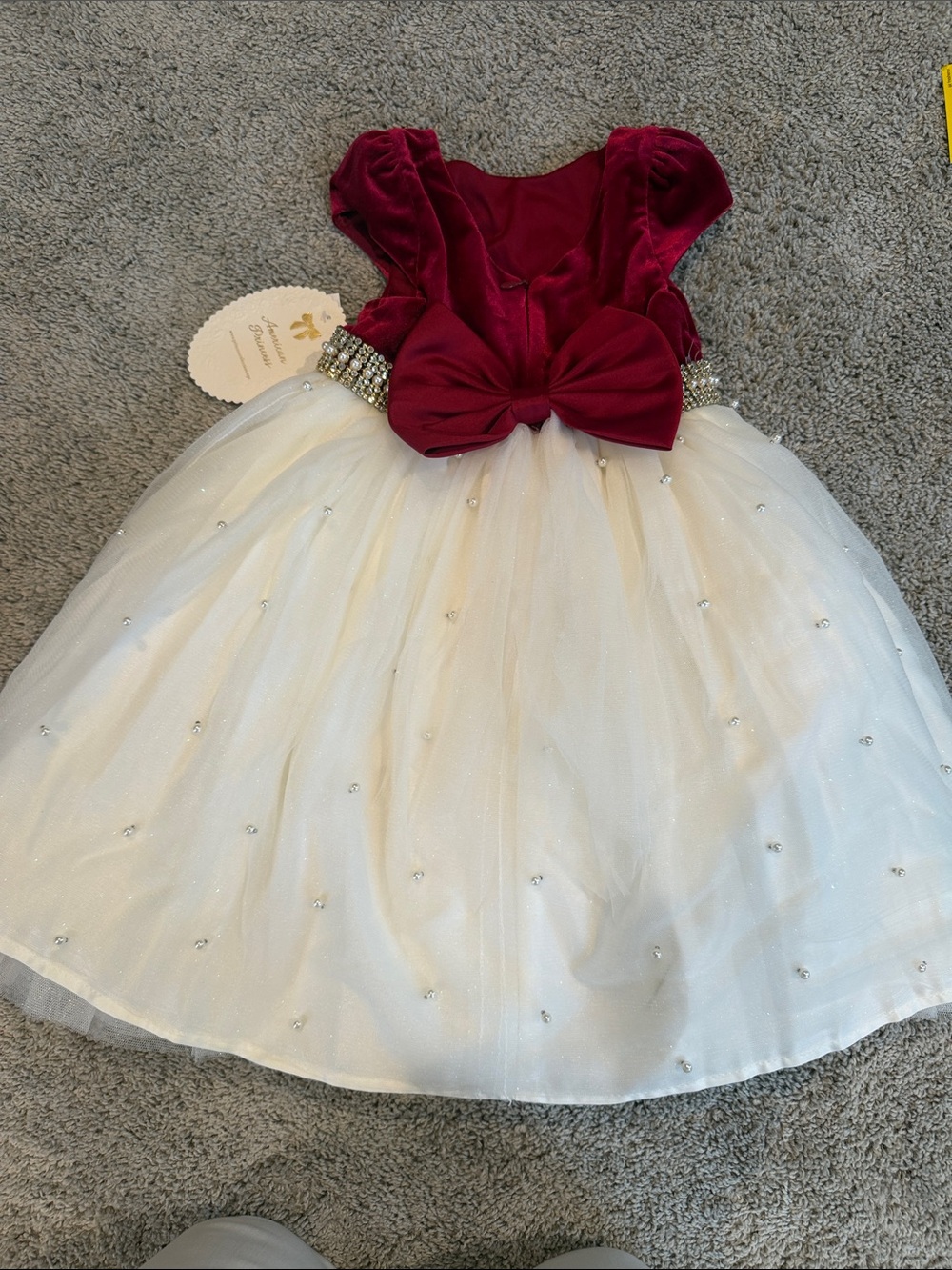 American Princess Burgundy Velvet & Ivory Tulle Bow Dress